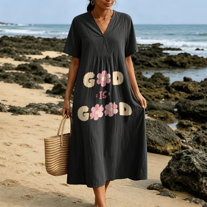 Christianartworkshop Devotional “God Is Good” Floral Statement V-Neck Short Sleeve Midi Dress - image 9