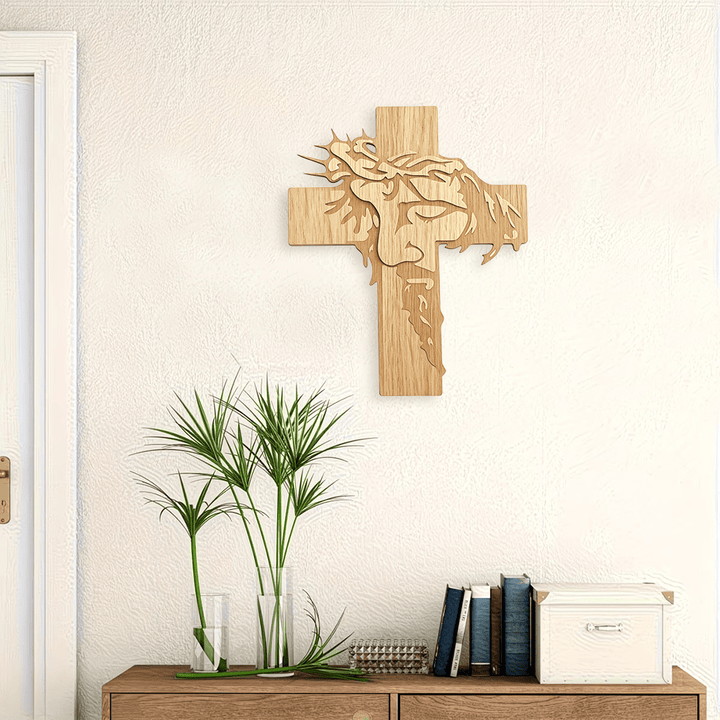 Christianartworkshop Jesus Closed-Eye Meditative Holy Face Thorn Crown Cross Wooden Wall Plaque: Emblem of Mercy - image 3