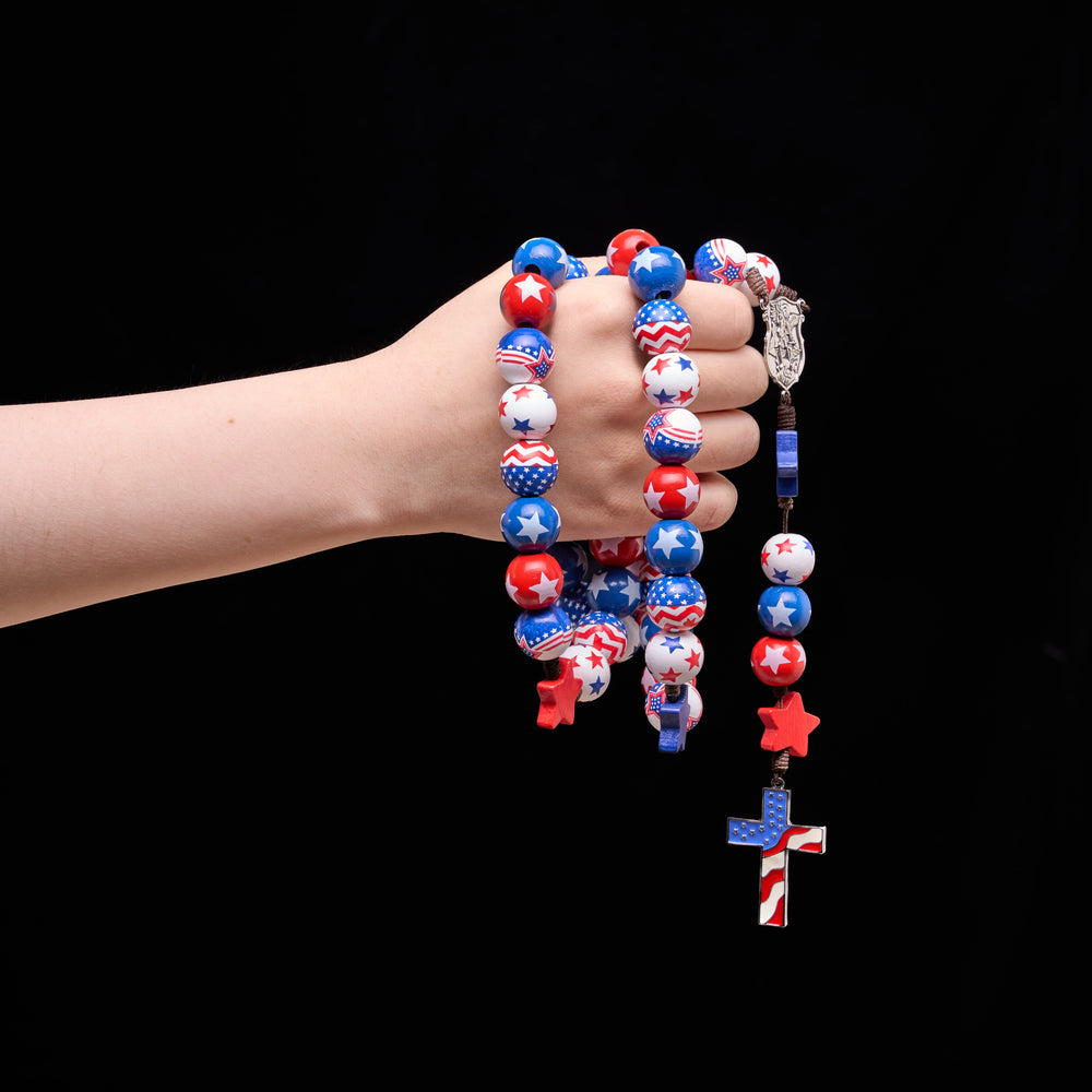 Christianartworkshop Two-Style Patriotic American Flag Cross Rosary with Red White Blue Stars & Stripes Beads - image 1