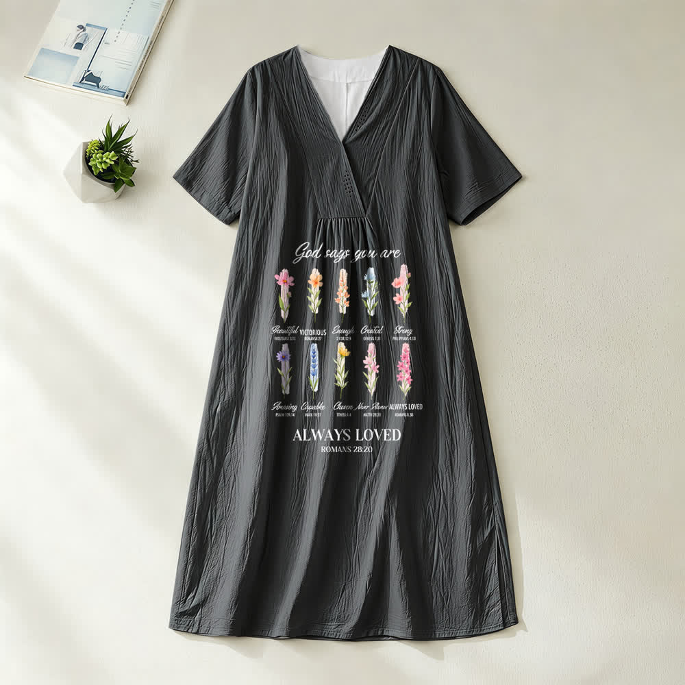 Christianartworkshop God Says You Are Always Loved Floral V-Neck Short Sleeve Midi Dress - Black - 4XL - image 8