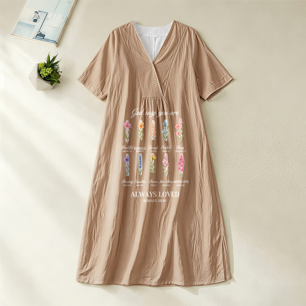 Christianartworkshop God Says You Are Always Loved Floral V-Neck Short Sleeve Midi Dress - Khaki - 4XL - image 4