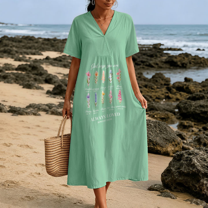 Christianartworkshop God Says You Are Always Loved Floral V-Neck Short Sleeve Midi Dress - image 1