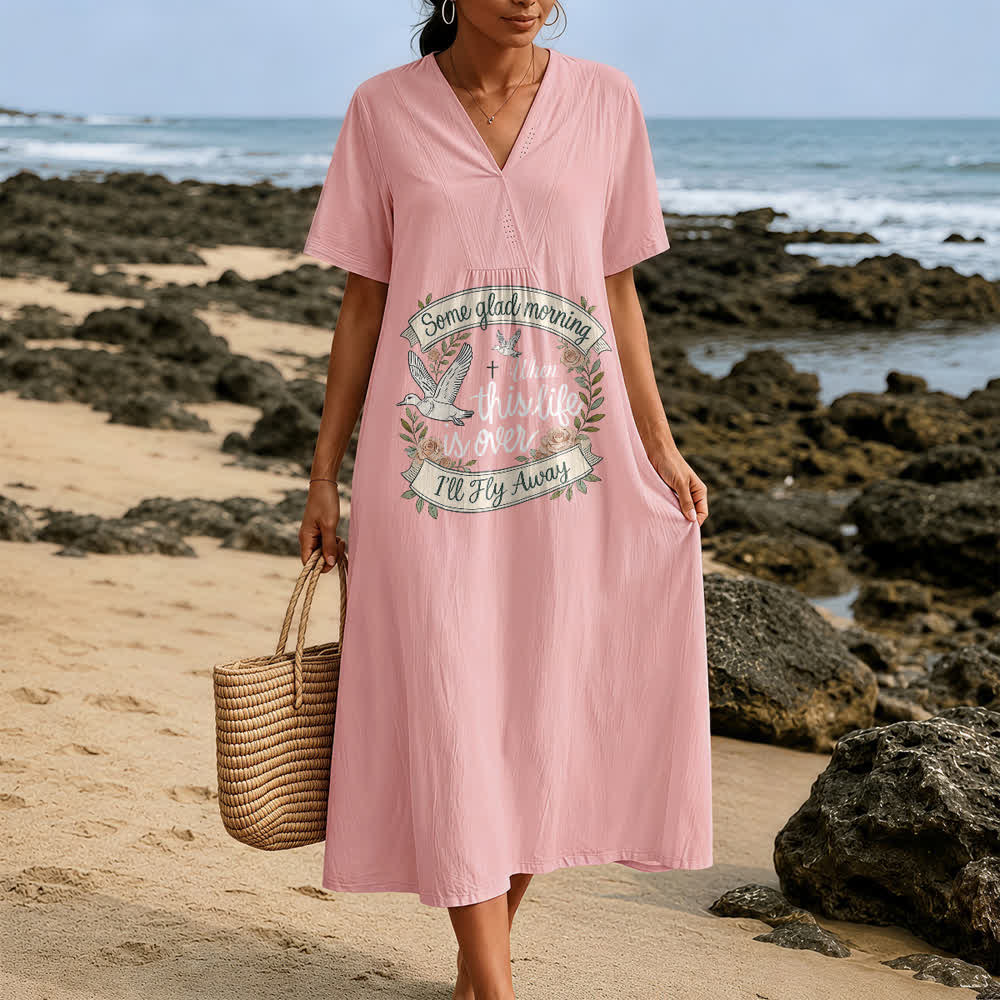 Christianartworkshop Some Glad Morning I'll Fly Away Floral Dove V-Neck Short Sleeve Midi Dress - image 9