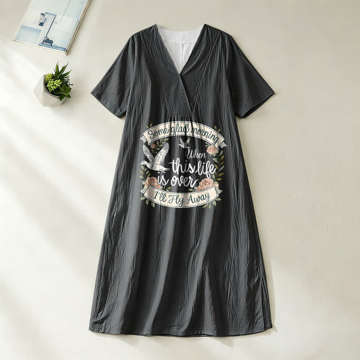 Christianartworkshop Some Glad Morning I'll Fly Away Floral Dove V-Neck Short Sleeve Midi Dress - Black - 4XL - image 0