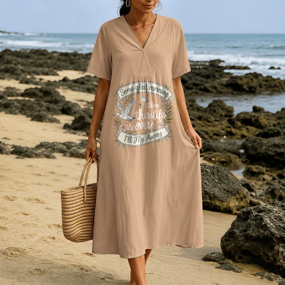 Christianartworkshop Some Glad Morning I'll Fly Away Floral Dove V-Neck Short Sleeve Midi Dress - image 7