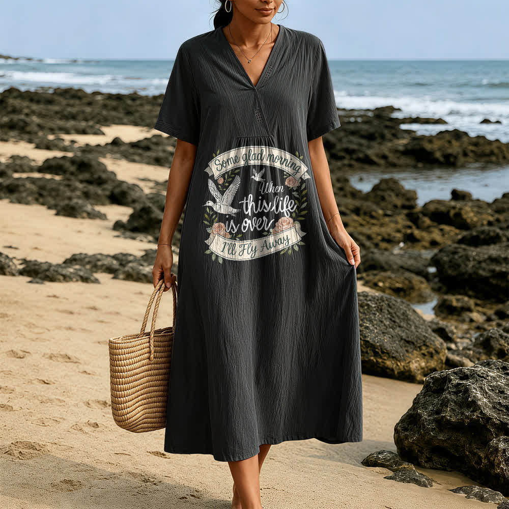 Christianartworkshop Some Glad Morning I'll Fly Away Floral Dove V-Neck Short Sleeve Midi Dress - image 1