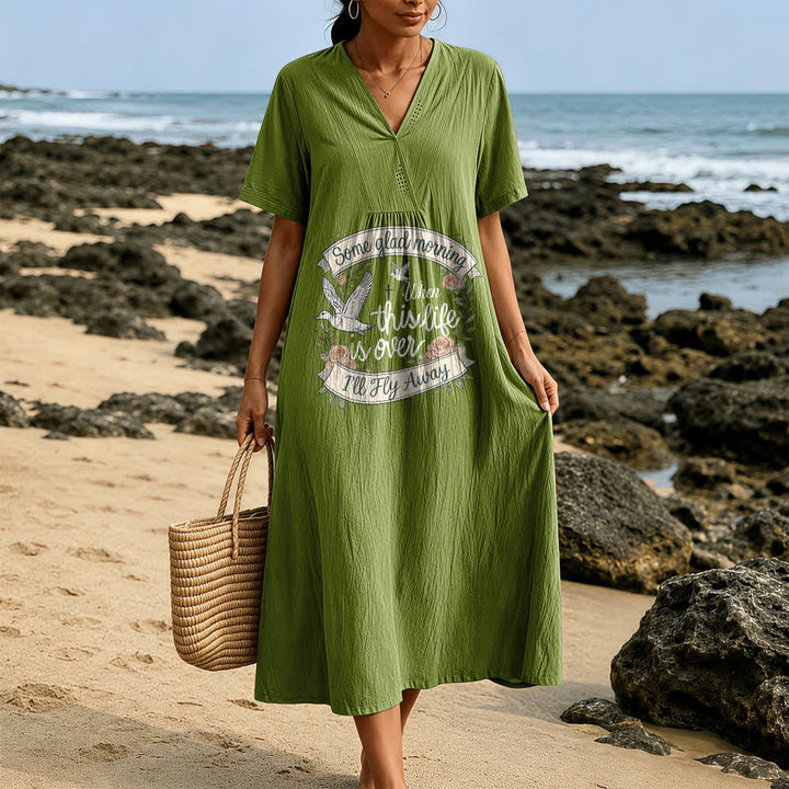 Christianartworkshop Some Glad Morning I'll Fly Away Floral Dove V-Neck Short Sleeve Midi Dress - image 11