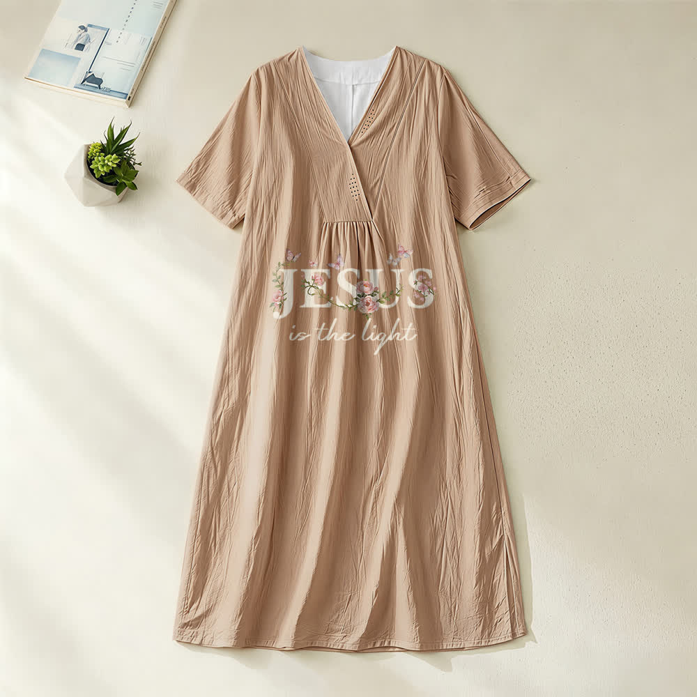 Christianartworkshop Jesus Is The Light Floral Butterfly V-Neck Short Sleeve Midi Dress - Khaki - 4XL - image 0