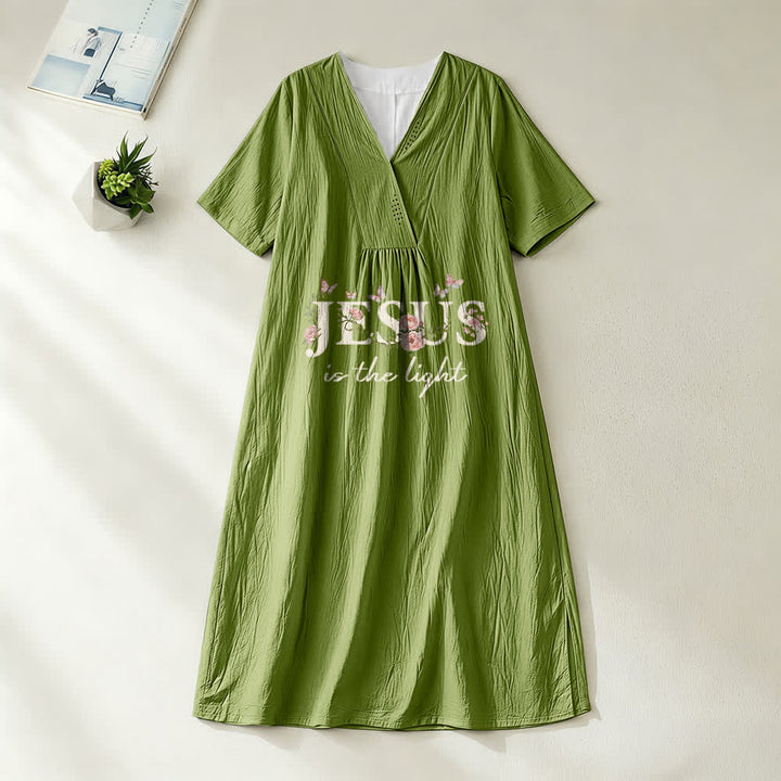 Christianartworkshop Jesus Is The Light Floral Butterfly V-Neck Short Sleeve Midi Dress - Olive Green - 4XL - image 10