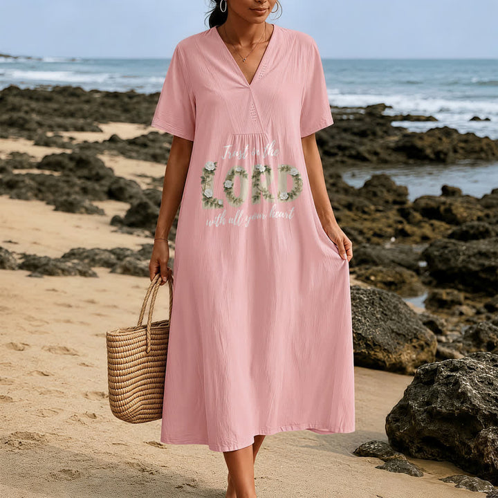 Christianartworkshop Trust In The Lord With All Your Heart Floral V-Neck Short Sleeve Midi Dress - image 1