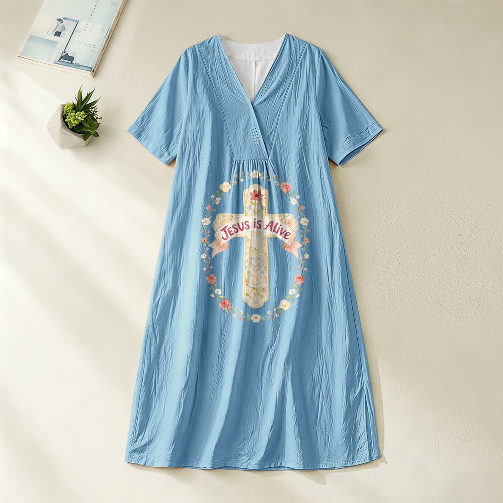 Christianartworkshop Jesus Is Alive Floral Cross V-Neck Short Sleeve Midi Dress - Blue - 4XL - image 0