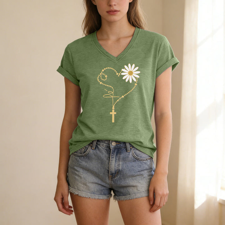 Christianartworkshop Golden Dot Heart Cross Daisy Casual V-neck T-shirt - image 9