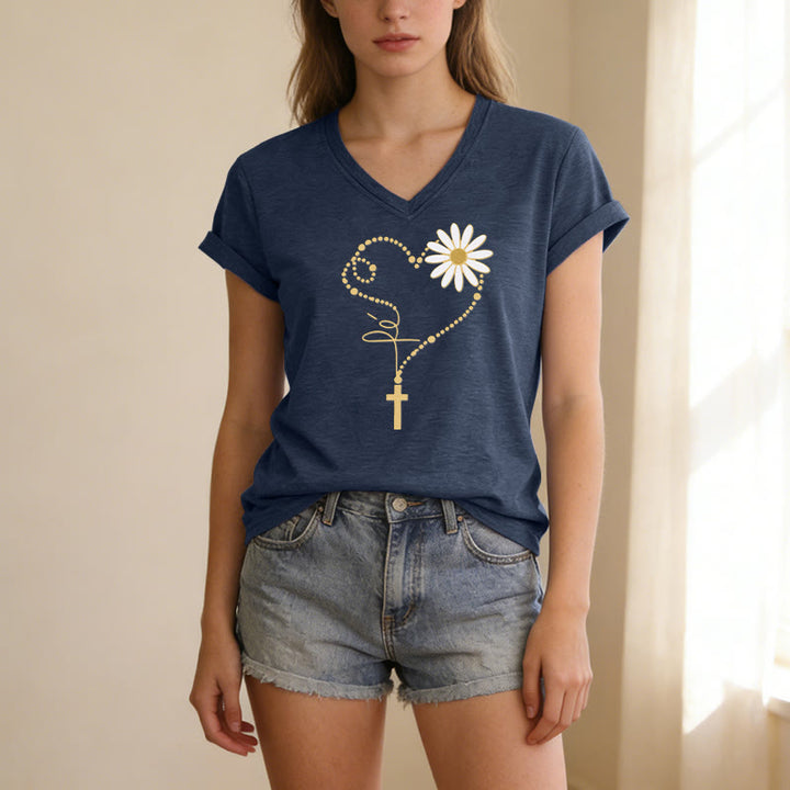 Christianartworkshop Golden Dot Heart Cross Daisy Casual V-neck T-shirt - image 21