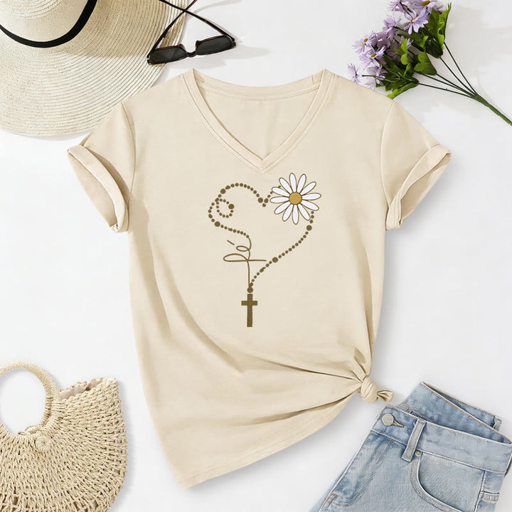 Christianartworkshop Golden Dot Heart Cross Daisy Casual V-neck T-shirt - Beige - 2XL - image 4