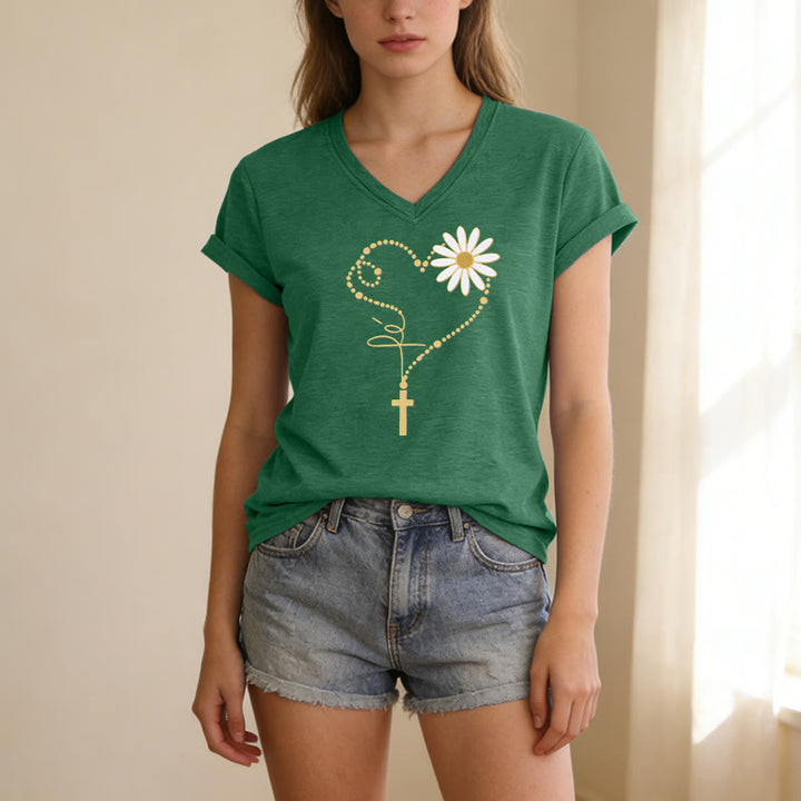 Christianartworkshop Golden Dot Heart Cross Daisy Casual V-neck T-shirt - image 17