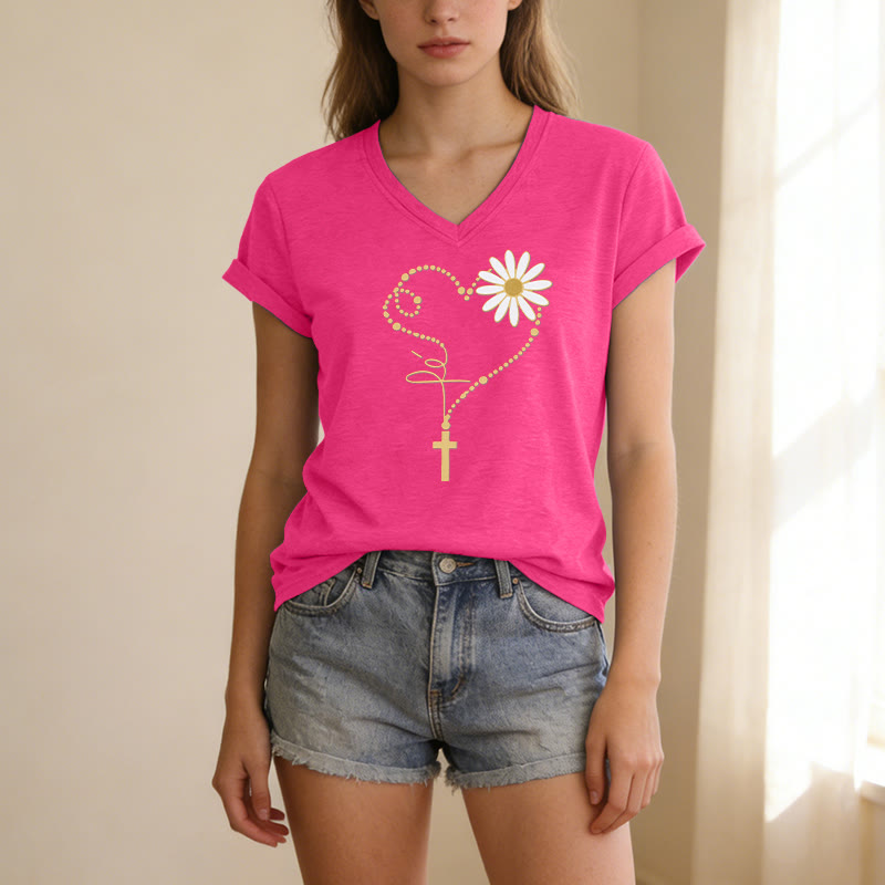 Christianartworkshop Golden Dot Heart Cross Daisy Casual V-neck T-shirt - image 25