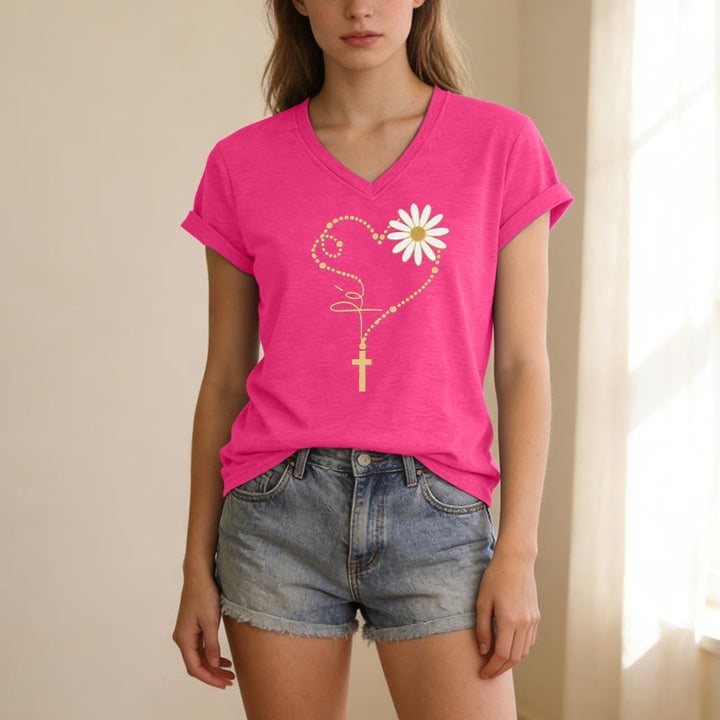 Christianartworkshop Golden Dot Heart Cross Daisy Casual V-neck T-shirt - image 25