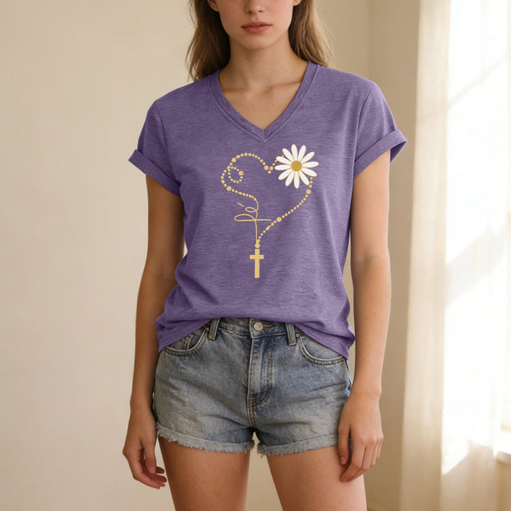Christianartworkshop Golden Dot Heart Cross Daisy Casual V-neck T-shirt - image 19