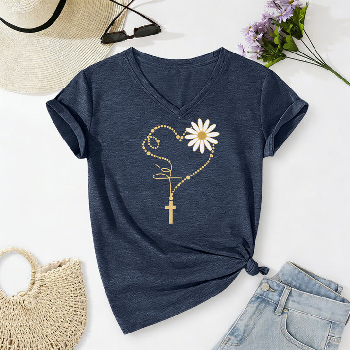 Christianartworkshop Golden Dot Heart Cross Daisy Casual V-neck T-shirt - Navy Blue - 2XL - image 20