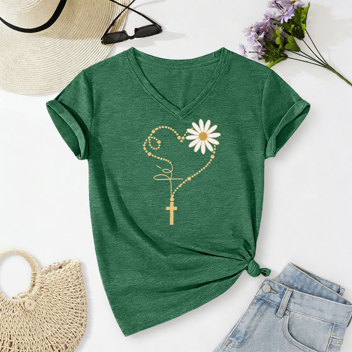 Christianartworkshop Golden Dot Heart Cross Daisy Casual V-neck T-shirt - Dark Green - 2XL - image 16
