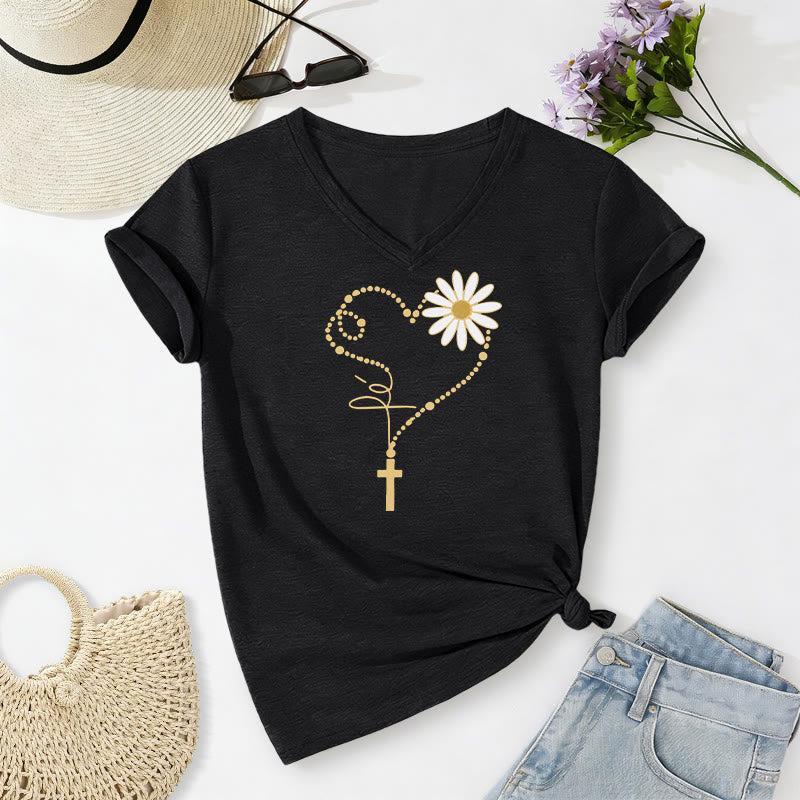 Christianartworkshop Golden Dot Heart Cross Daisy Casual V-neck T-shirt - Black - 2XL - image 2