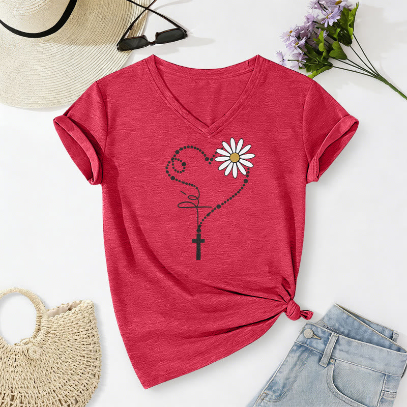 Christianartworkshop Golden Dot Heart Cross Daisy Casual V-neck T-shirt - Red - 2XL - image 22