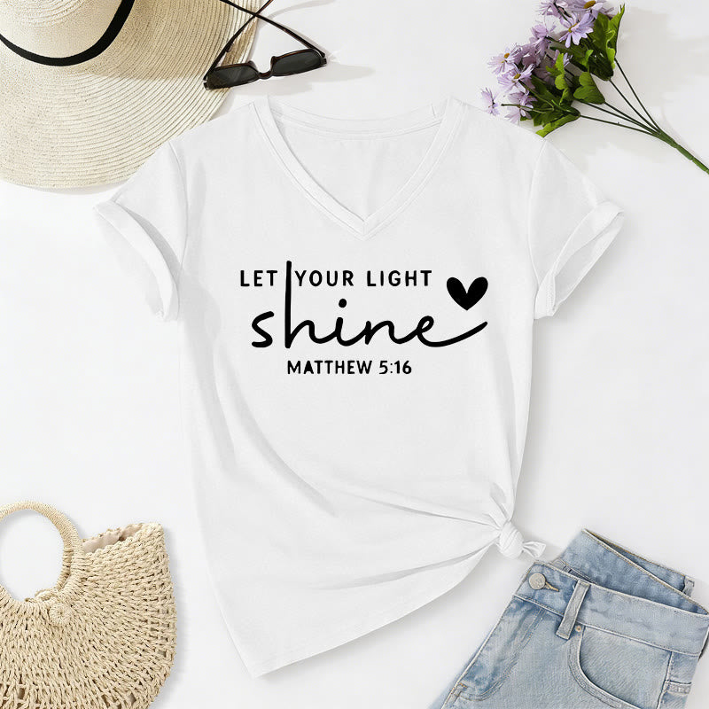 Christianartworkshop "Let Your Light Shine Matthew 5:16" Heart Script Casual V-neck T-shirt - White - 2XL - image 12