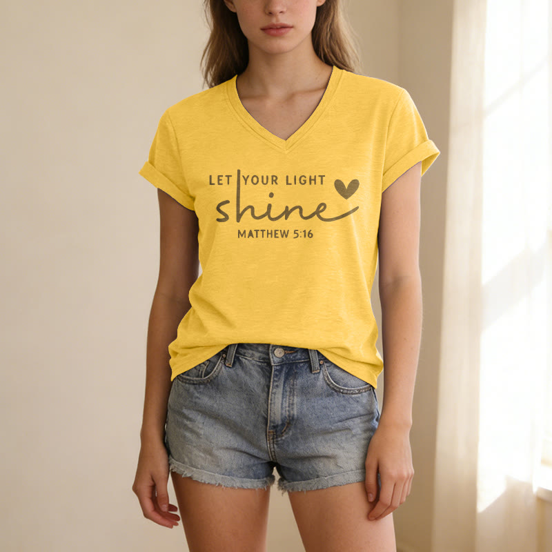 Christianartworkshop "Let Your Light Shine Matthew 5:16" Heart Script Casual V-neck T-shirt - image 9