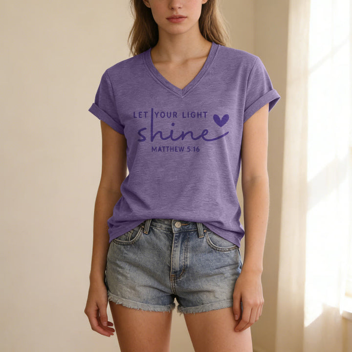 Christianartworkshop "Let Your Light Shine Matthew 5:16" Heart Script Casual V-neck T-shirt - image 19