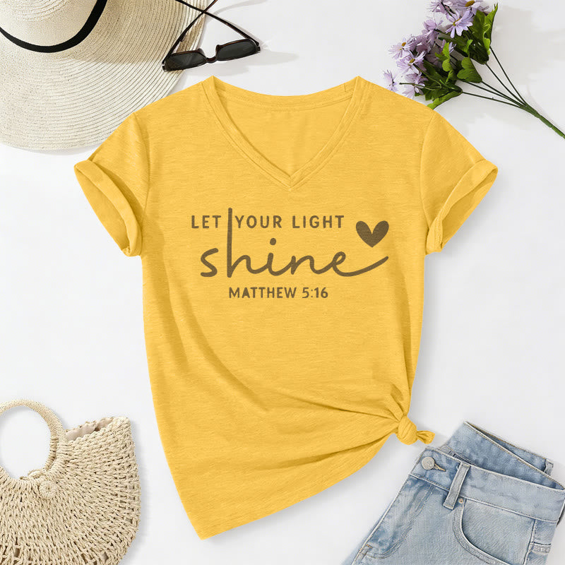 Christianartworkshop "Let Your Light Shine Matthew 5:16" Heart Script Casual V-neck T-shirt - Yellow - 2XL - image 8
