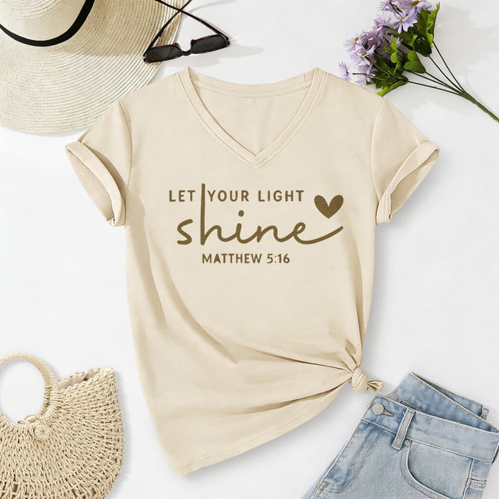 Christianartworkshop "Let Your Light Shine Matthew 5:16" Heart Script Casual V-neck T-shirt - Beige - 2XL - image 0
