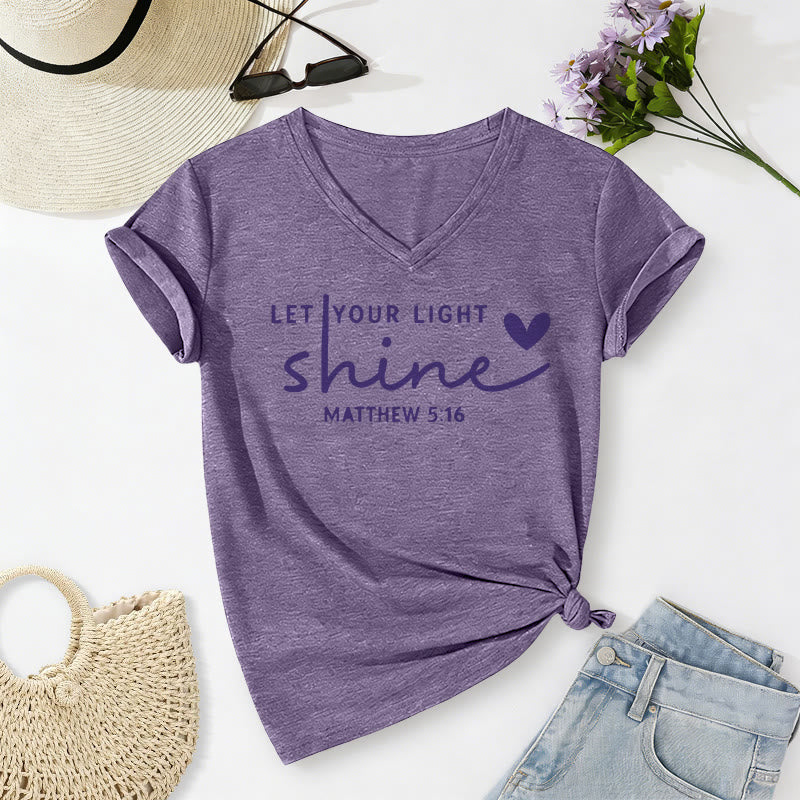 Christianartworkshop "Let Your Light Shine Matthew 5:16" Heart Script Casual V-neck T-shirt - Purple - 2XL - image 18