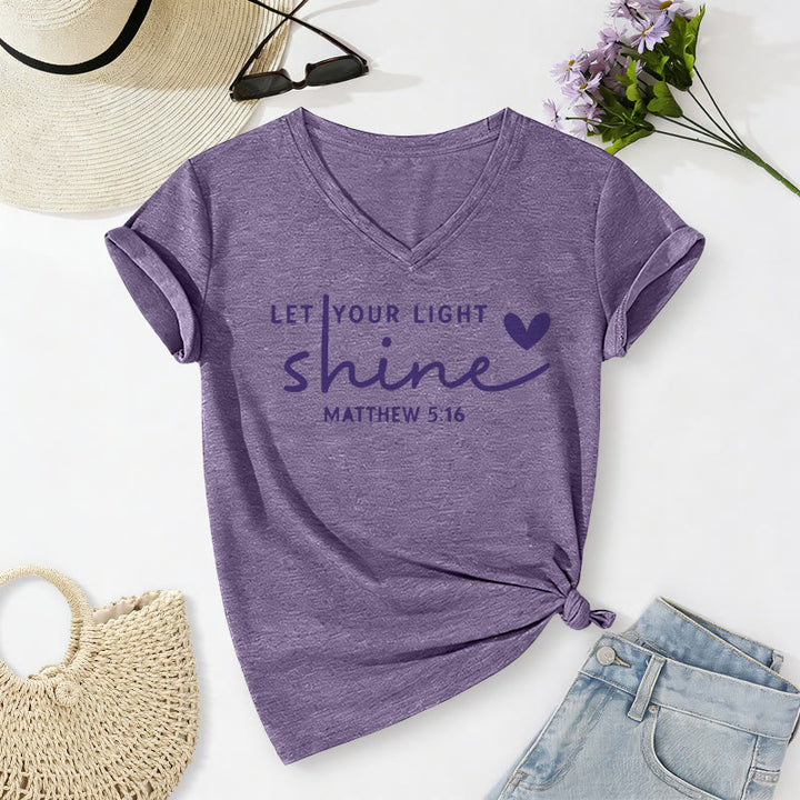 Christianartworkshop "Let Your Light Shine Matthew 5:16" Heart Script Casual V-neck T-shirt - Purple - 2XL - image 18