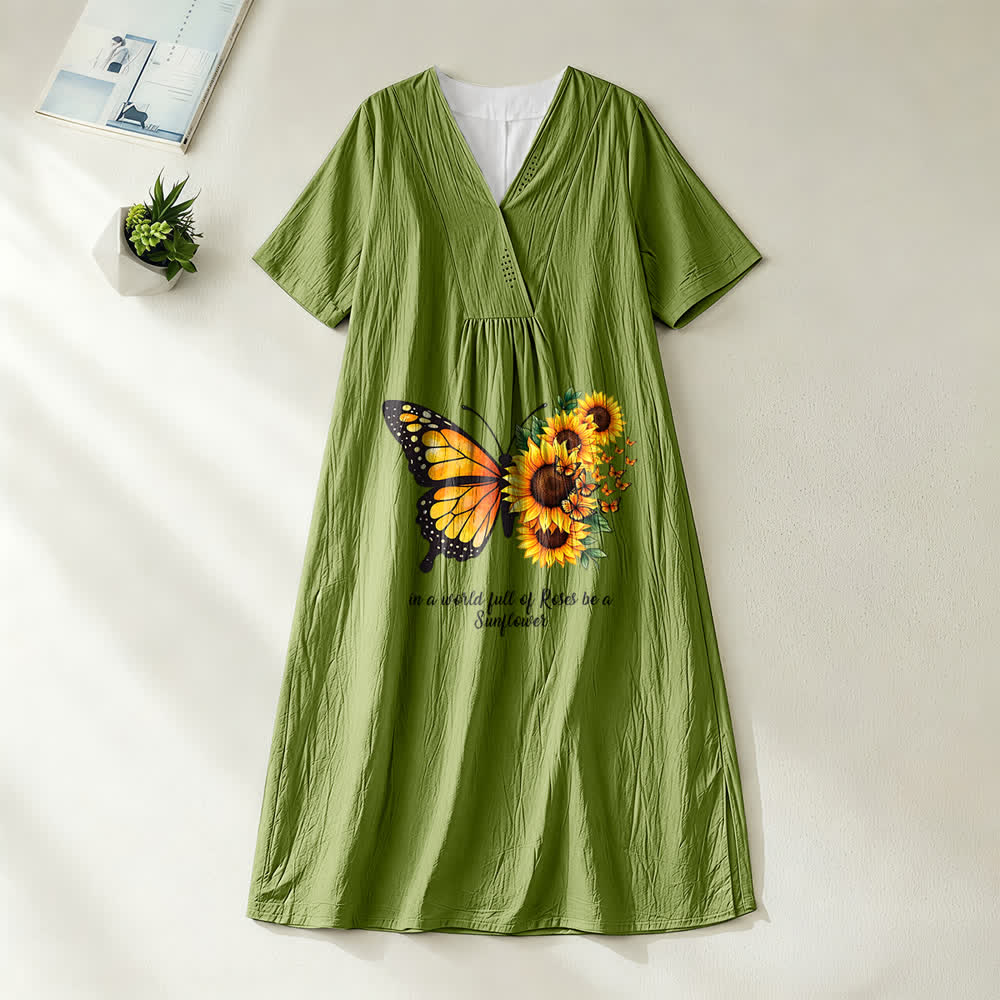 Christianartworkshop Butterfly & Sunflower Inspirational Quote V-Neck Short Sleeve Midi Dress - Olive Green - 4XL - image 10