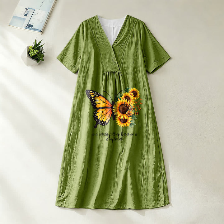 Christianartworkshop Butterfly & Sunflower Inspirational Quote V-Neck Short Sleeve Midi Dress - Olive Green - 4XL - image 10