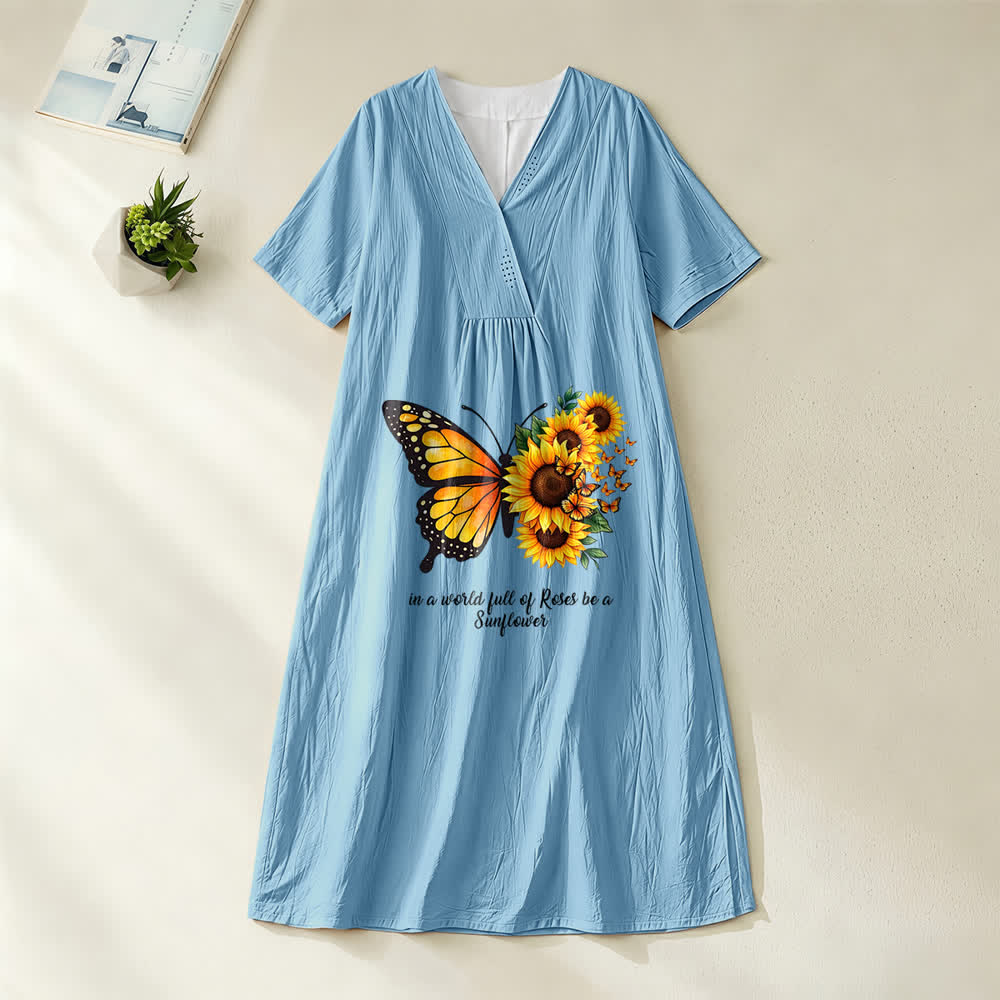 Christianartworkshop Butterfly & Sunflower Inspirational Quote V-Neck Short Sleeve Midi Dress - image 2