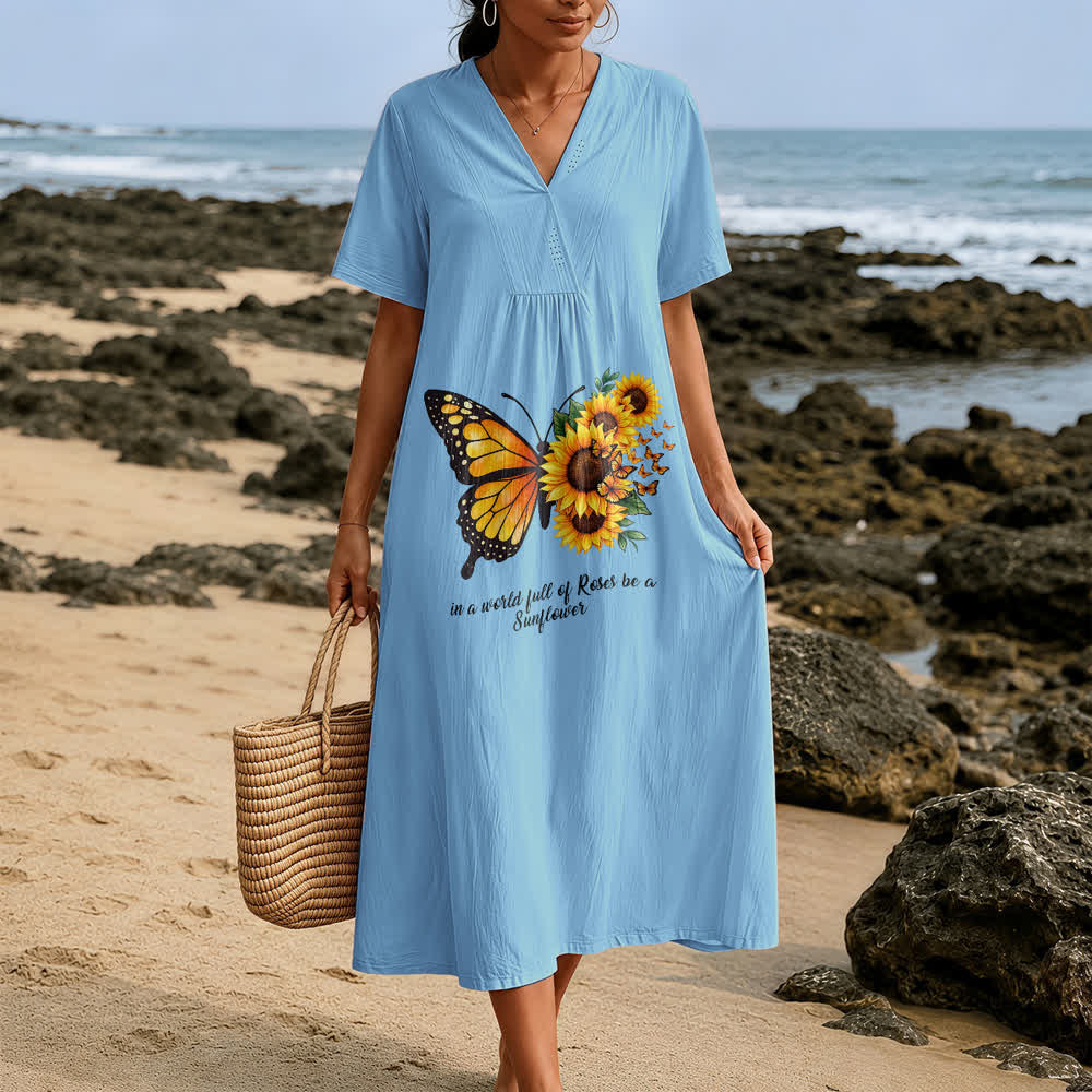 Christianartworkshop Butterfly & Sunflower Inspirational Quote V-Neck Short Sleeve Midi Dress - image 3