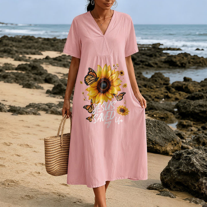 Christianartworkshop "Jesus Saved My Life" Sunflower & Butterfly V-Neck Short Sleeve Midi Dress - image 11