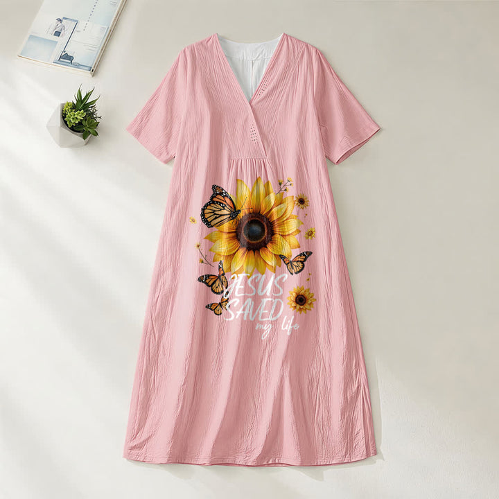 Christianartworkshop "Jesus Saved My Life" Sunflower & Butterfly V-Neck Short Sleeve Midi Dress - Pink - 4XL - image 10