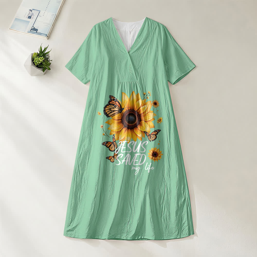 Christianartworkshop "Jesus Saved My Life" Sunflower & Butterfly V-Neck Short Sleeve Midi Dress - Green - 4XL - image 8