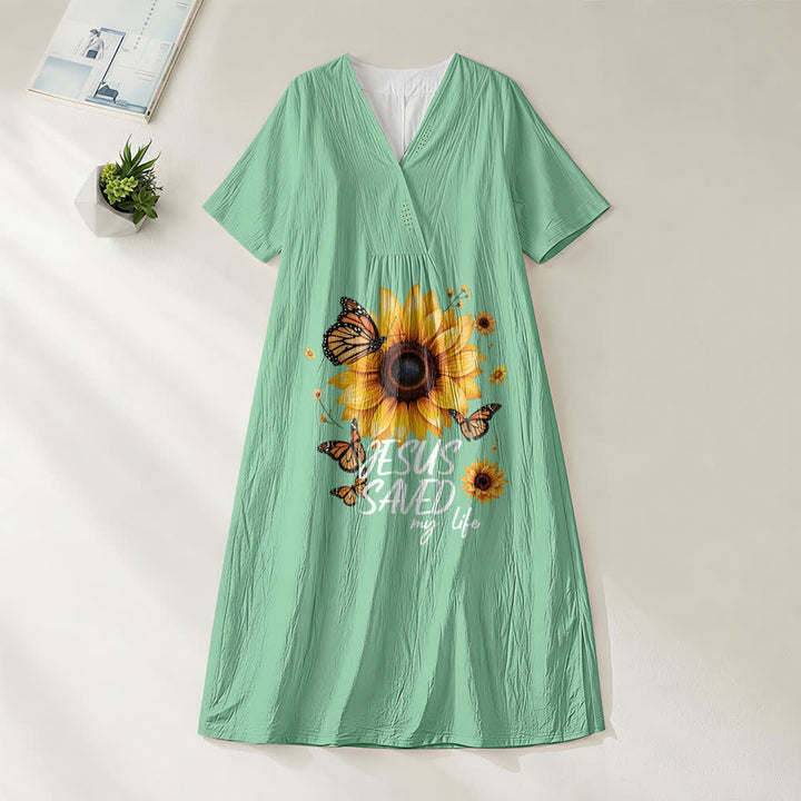 Christianartworkshop "Jesus Saved My Life" Sunflower & Butterfly V-Neck Short Sleeve Midi Dress - Green - 4XL - image 8