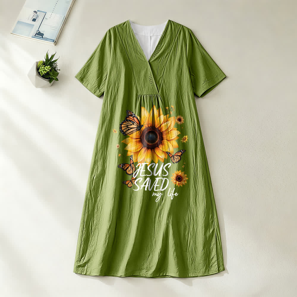 Christianartworkshop "Jesus Saved My Life" Sunflower & Butterfly V-Neck Short Sleeve Midi Dress - Olive Green - 4XL - image 0