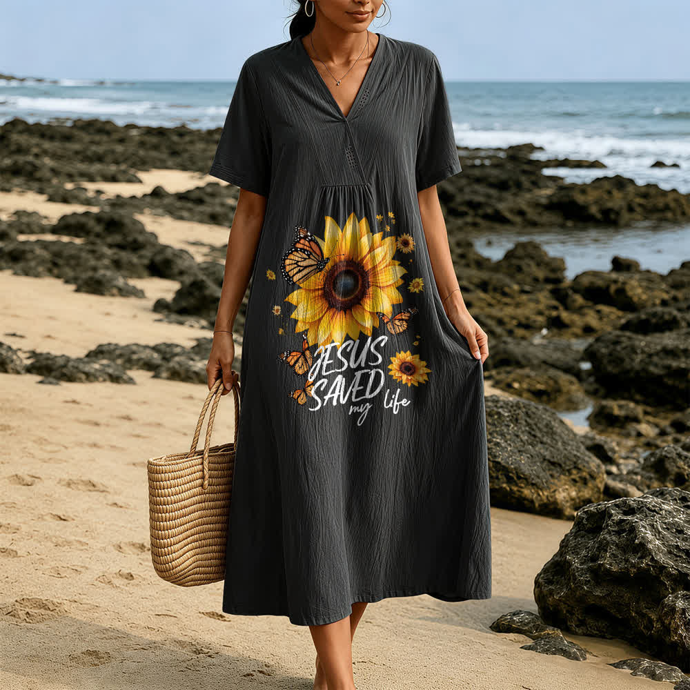 Christianartworkshop "Jesus Saved My Life" Sunflower & Butterfly V-Neck Short Sleeve Midi Dress - image 5