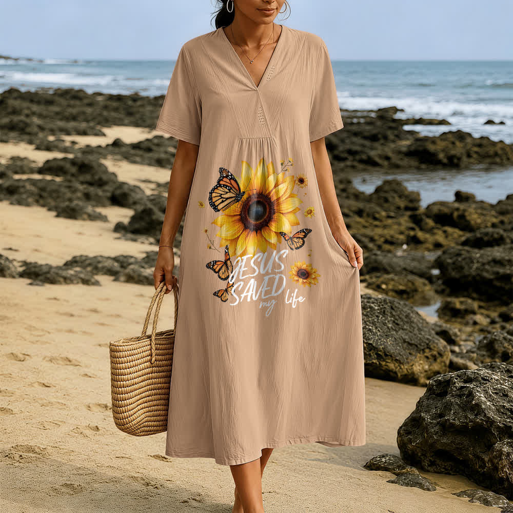 Christianartworkshop "Jesus Saved My Life" Sunflower & Butterfly V-Neck Short Sleeve Midi Dress - image 3