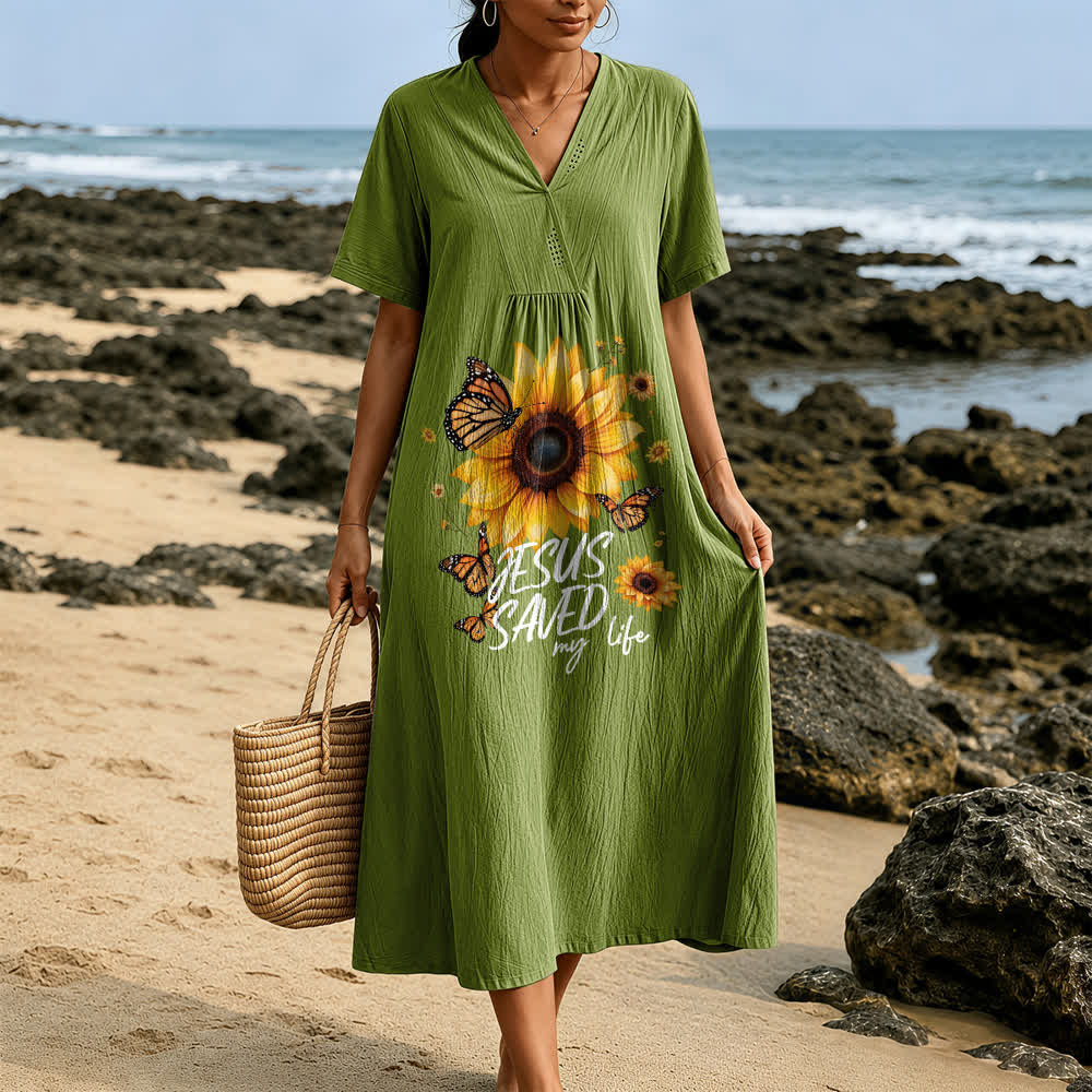Christianartworkshop "Jesus Saved My Life" Sunflower & Butterfly V-Neck Short Sleeve Midi Dress - image 1