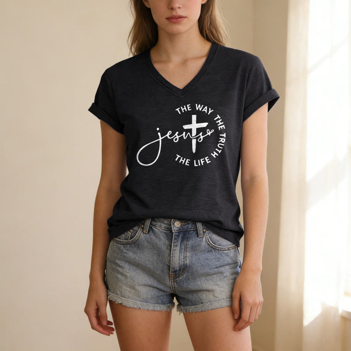 Christianartworkshop "Jesus The Way The Truth The Life" Circle Cross Casual V-neck T-shirt - image 7