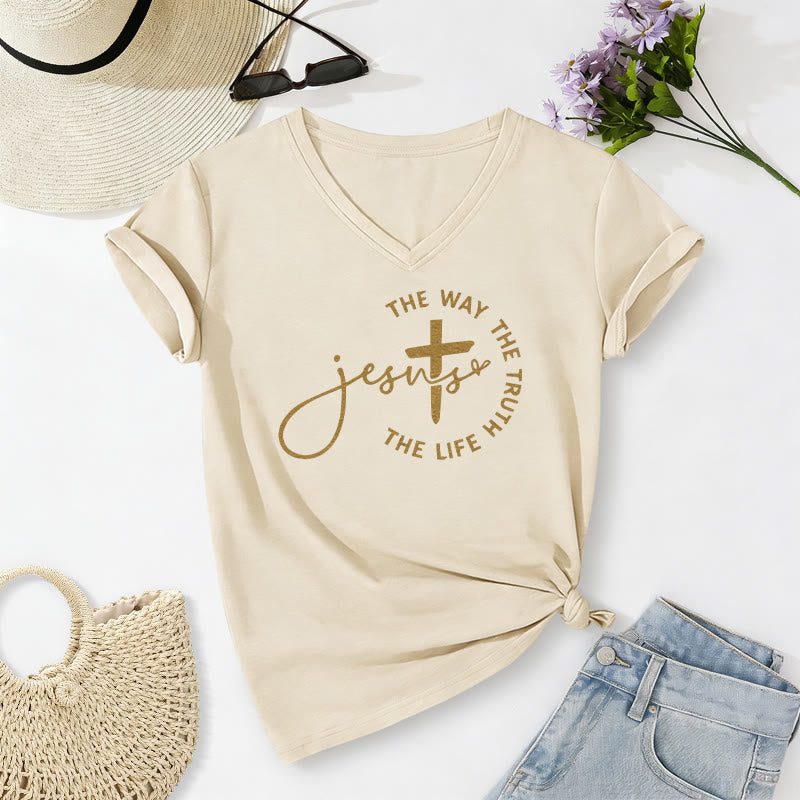 Christianartworkshop "Jesus The Way The Truth The Life" Circle Cross Casual V-neck T-shirt - Beige - 2XL - image 2