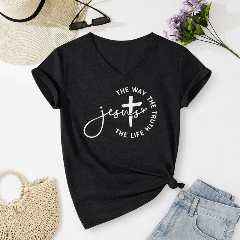 Christianartworkshop "Jesus The Way The Truth The Life" Circle Cross Casual V-neck T-shirt - Black - 2XL - image 6