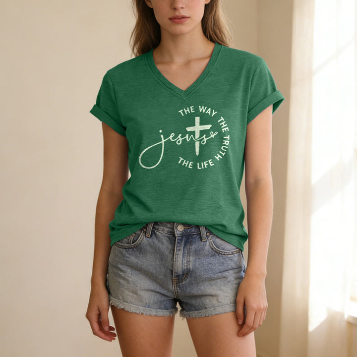 Christianartworkshop "Jesus The Way The Truth The Life" Circle Cross Casual V-neck T-shirt - image 17