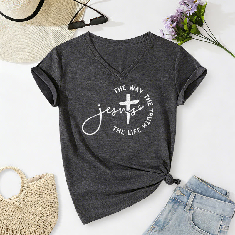 Christianartworkshop "Jesus The Way The Truth The Life" Circle Cross Casual V-neck T-shirt - Dark Grey - 2XL - image 0